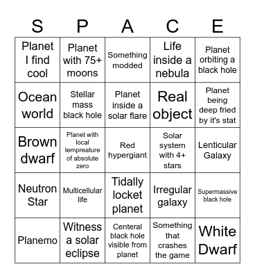Space Engine Bingo Card