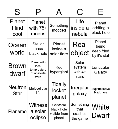 Space Engine Bingo Card