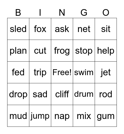Short Vowels Bingo Card