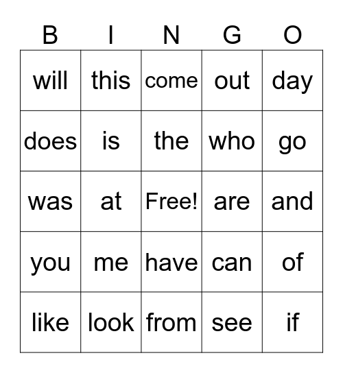 Power Word Bingo Card