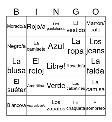 Spanish Colors and Clothes Review Bingo Card
