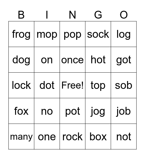 Short O Bingo Card
