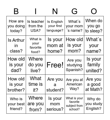 Verb be Bingo Card