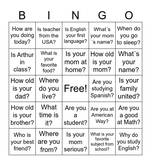 Verb be Bingo Card