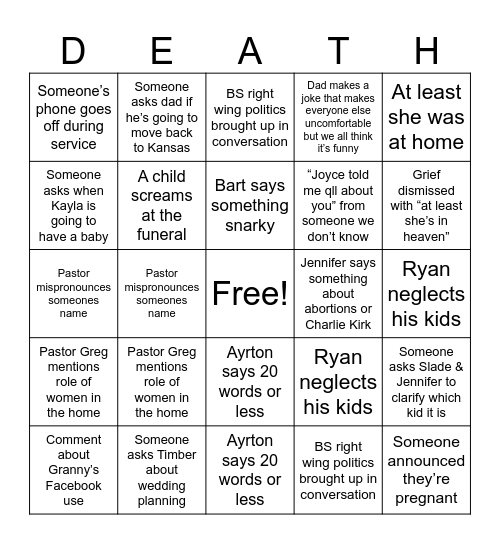 Death Bingo Card