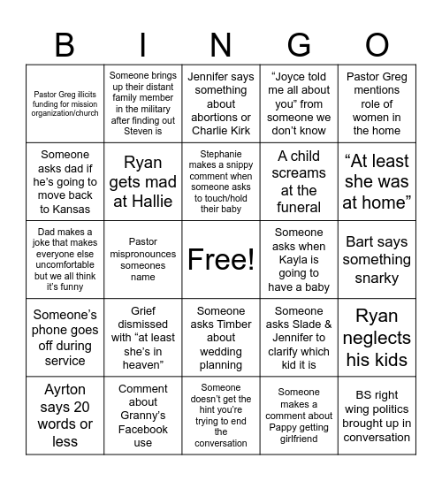 Funeral Bingo Card