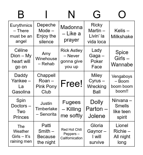 Pop Bingo Card