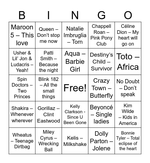 Pop Bingo Card