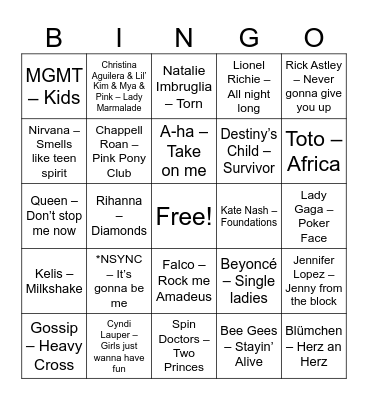 Pop Bingo Card