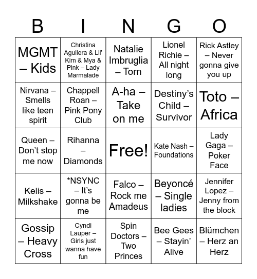 Pop Bingo Card