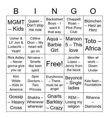 Pop Bingo Card