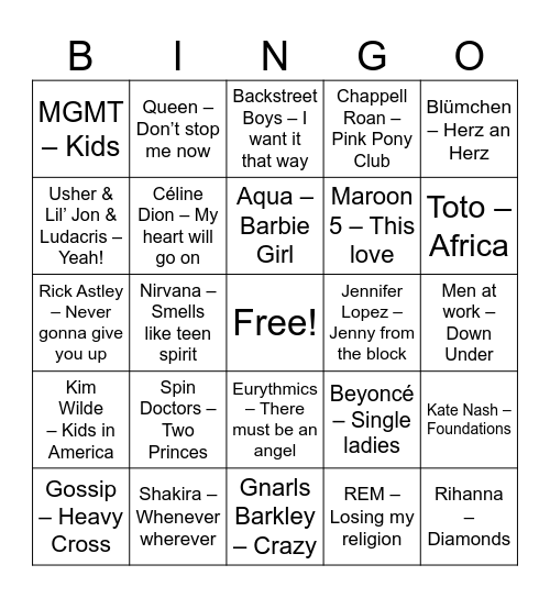 Pop Bingo Card
