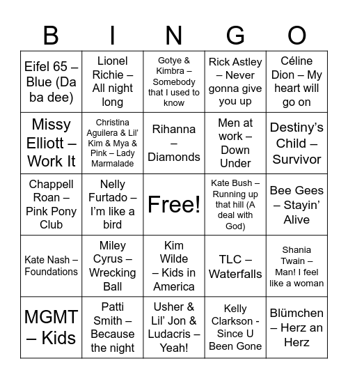 Pop Bingo Card