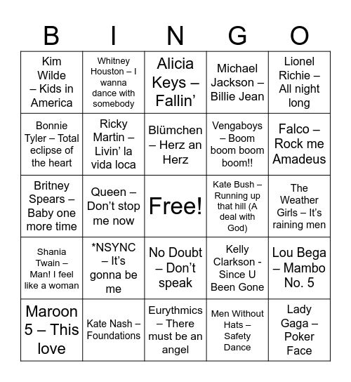 Pop Bingo Card