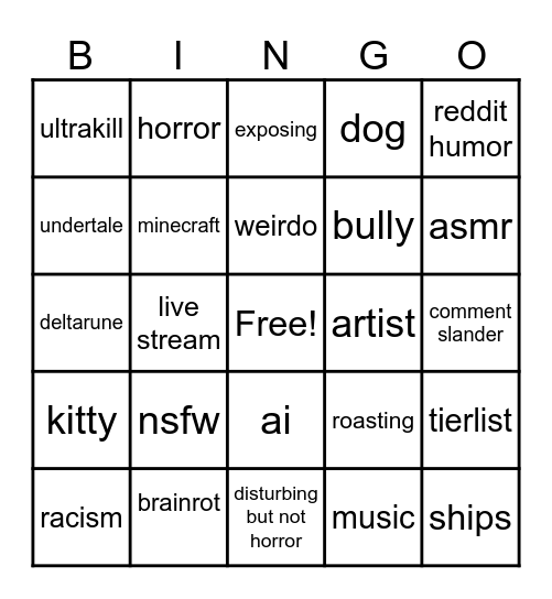 youtube/tiktok bingo Card