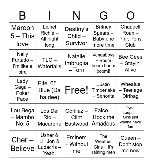 Pop Bingo Card