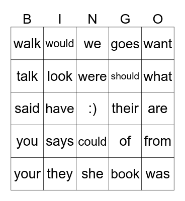 Heart Word Bingo Card