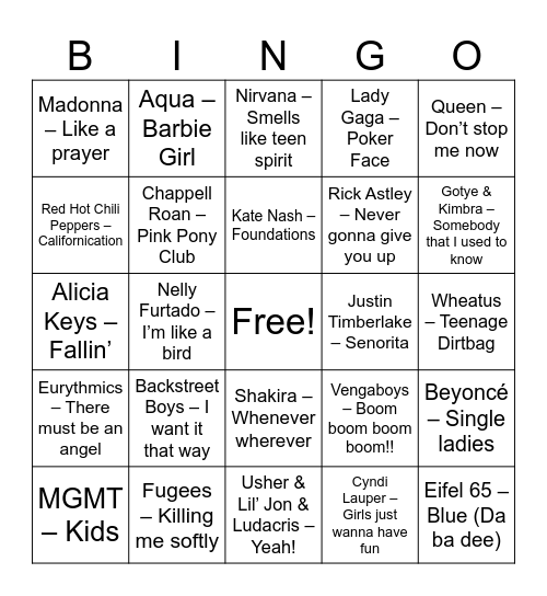 Pop Bingo Card