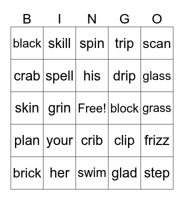 Consonant Blends Bingo Card
