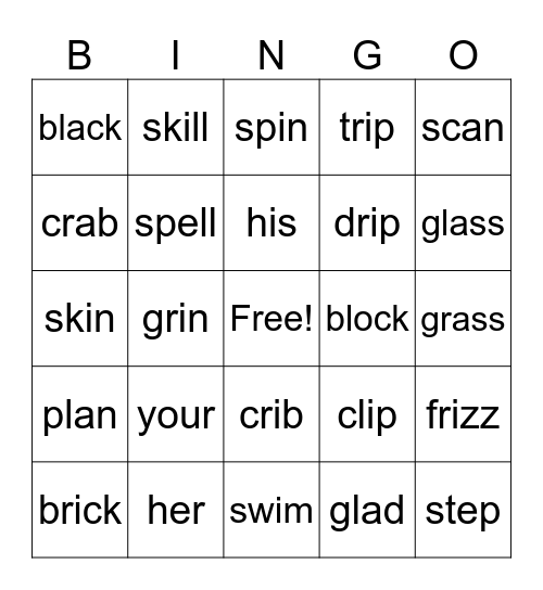 Consonant Blends Bingo Card