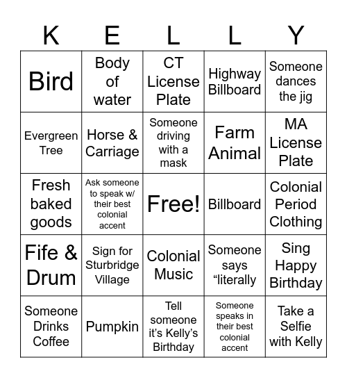 Colonial Kelly Bingo Card