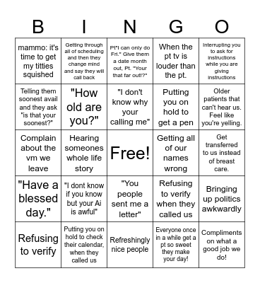 Oh the things patients say! Bingo Card