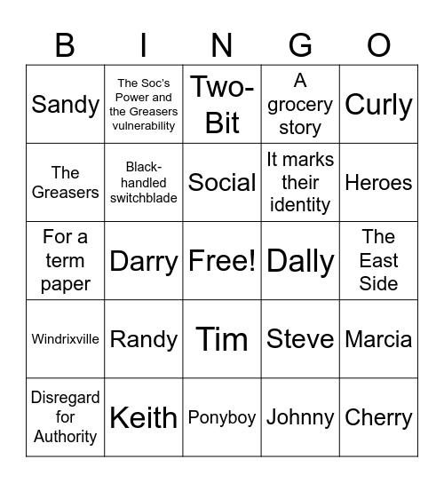 Outsiders Bingo Card