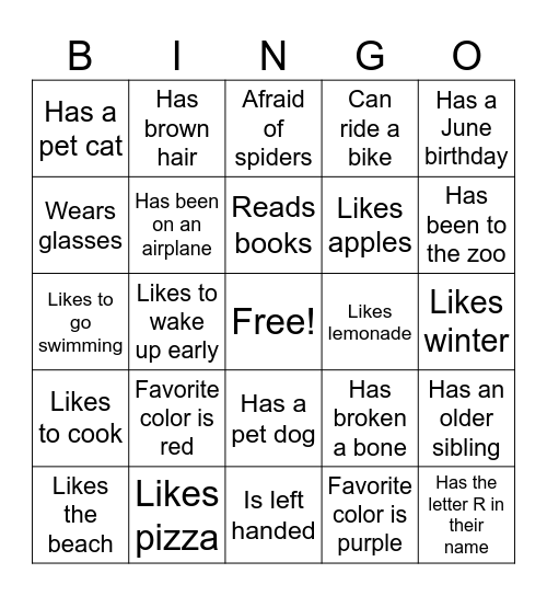 Getting to Know You Bingo Card
