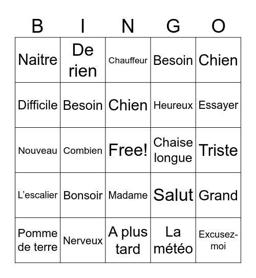 French Club Bingo Card
