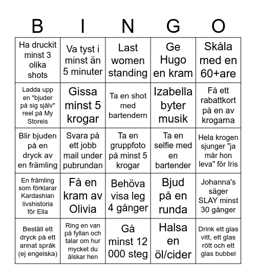 Bar Crawl Bingo Card