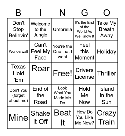 Where Were You?  Iconic Songs Bingo Card