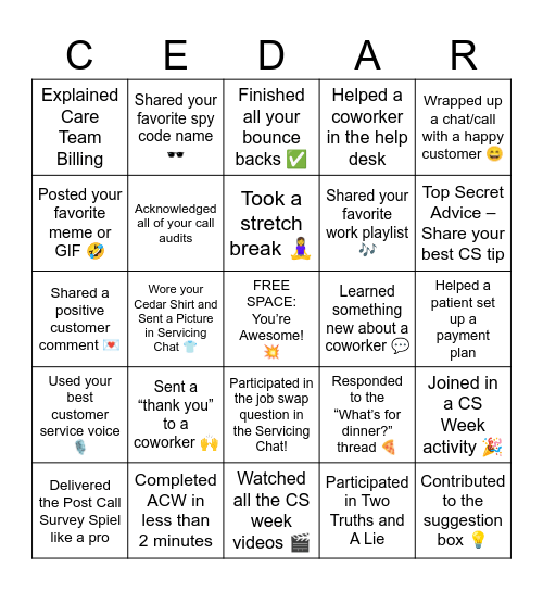 Customer Service Week Bingo Card