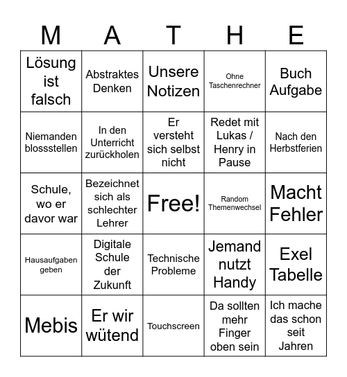 Mathe Bingo Card