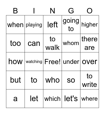 English Bingo Card