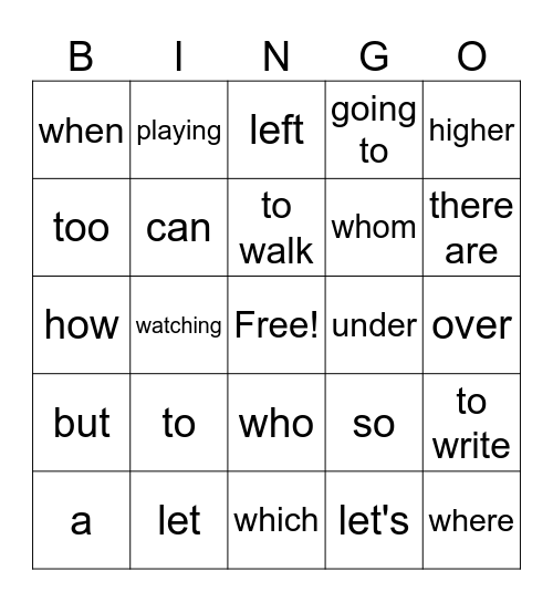 English Bingo Card
