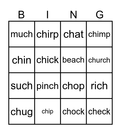 Words with Ch Bingo Card