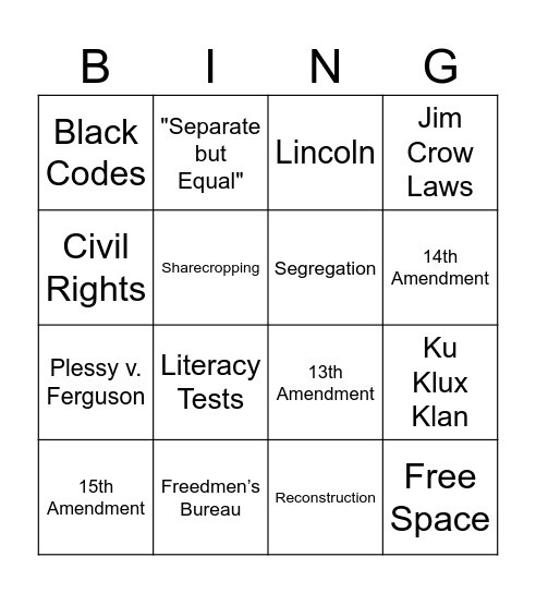 Reconstruction Bingo Card
