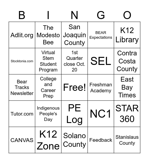 October CAVA Homeroom Bingo Card