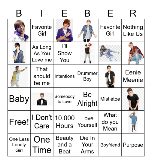 Bieber Bingo Card