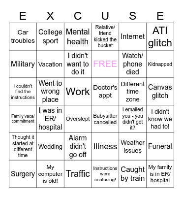 "Excuses" Bingo Card