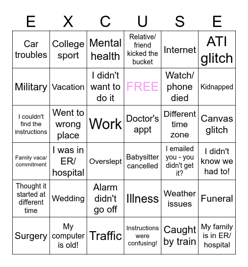 "Excuses" Bingo Card