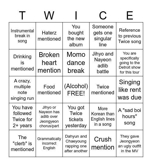 Twice Listening Party Bingo Card