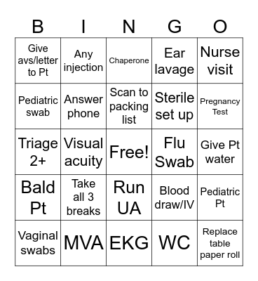 Camas Urgent Care Bingo Card