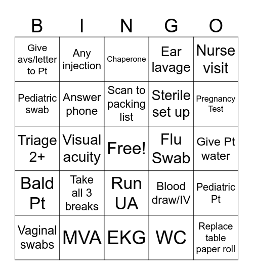 Camas Urgent Care Bingo Card
