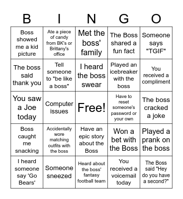 Boss's Day Bingo Card