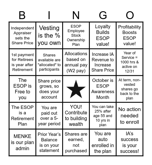 IA ESOP DAY Bingo Card