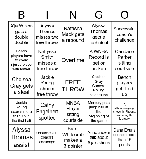 WNBA Game 4 Bingo Card