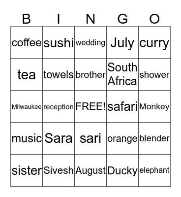 Sara's Bridal Shower Bingo Card