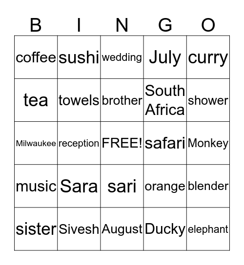 Sara's Bridal Shower Bingo Card