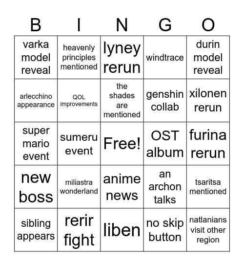 Luna II livestream Bingo Card